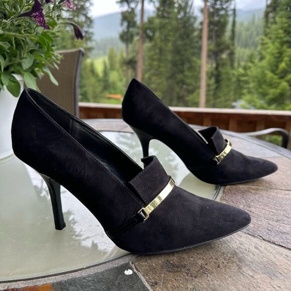 Pointed Toe Stiletto Heels Women SZ 10 Black Suede Gold Accent Witchy Whimsigoth - Picture 1 of 11